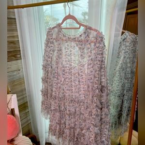 MAC DUGGAL LONG-SLEEVE PRINTED MESH A-LINE MINI DRESS